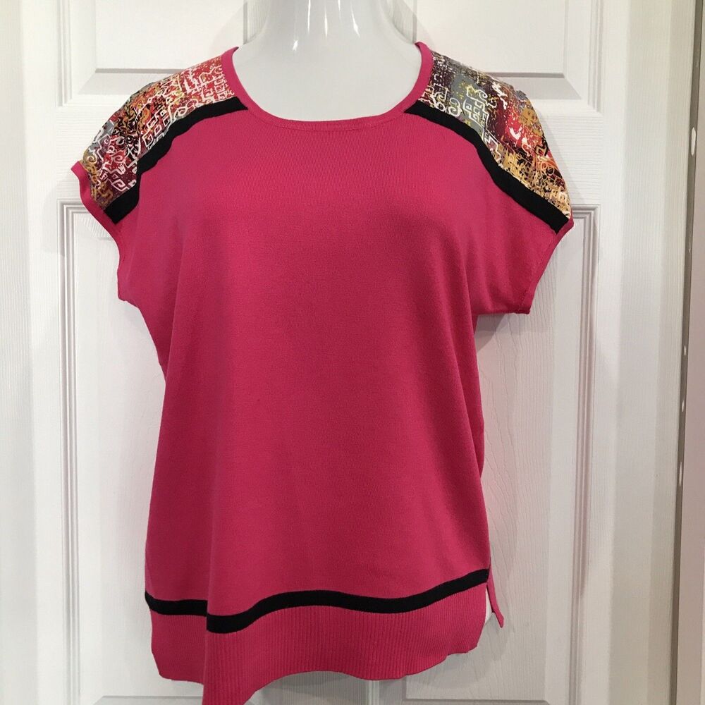 Cable & Gauge Womens Knit Sweater Top Hot Pink Fine Knit Short Sleeve XL